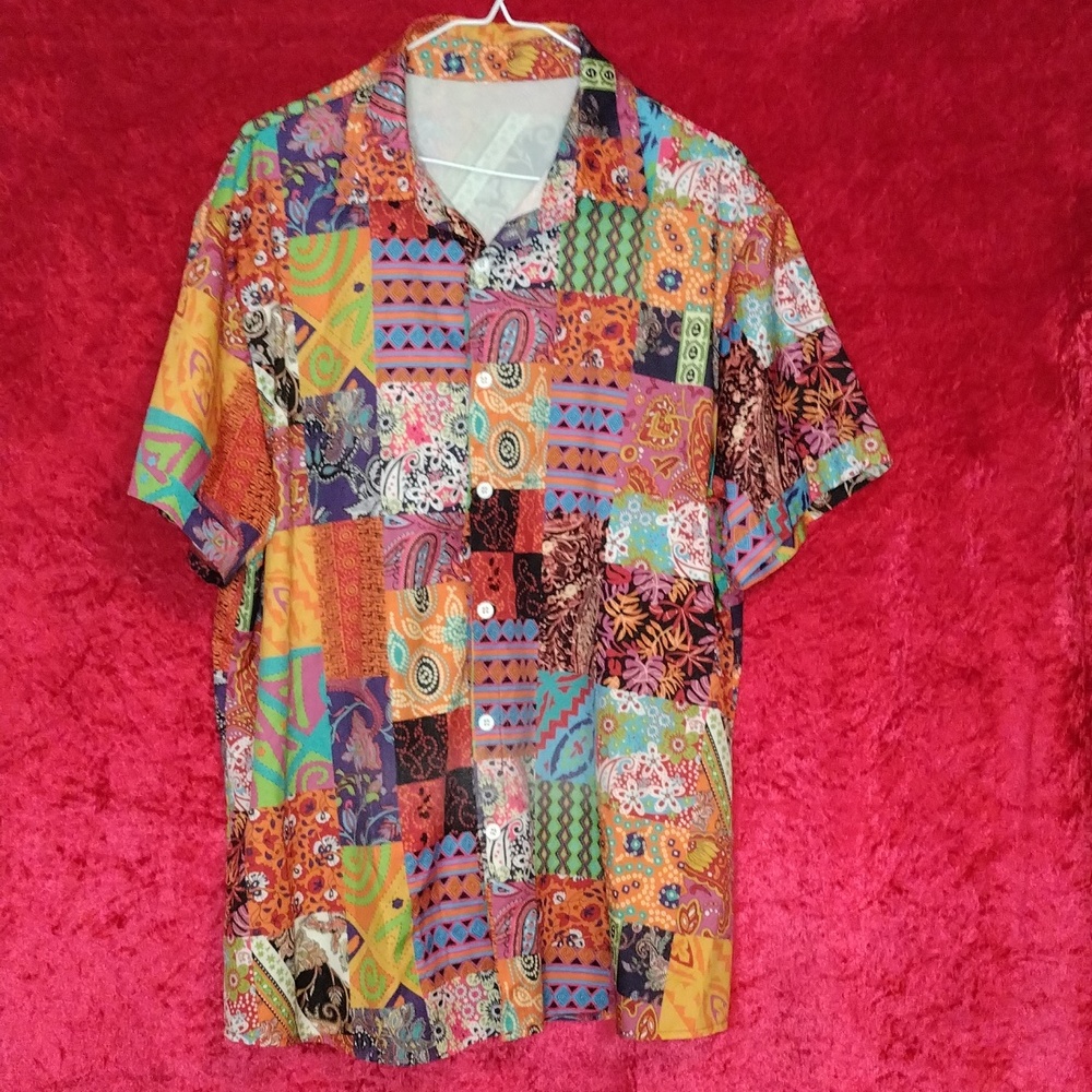 Vintage multi-colored multi patterns short sleeve button-up T-shirt size XL